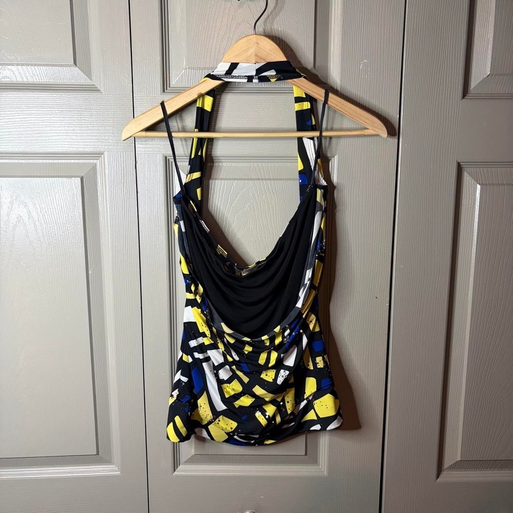 Topia Y2K Beaded Halter Top Yellow Black Abstract Print Cowl Neck Womens Medium
